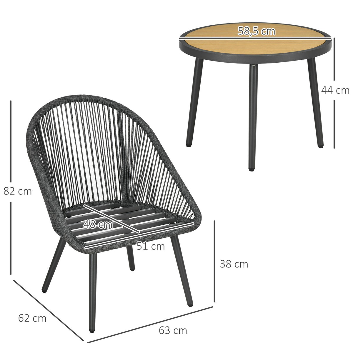 Rattan Balcony Furniture For 2 People Garden Seating Group With Cushions Adjustable Feet Aluminum Dark Gray