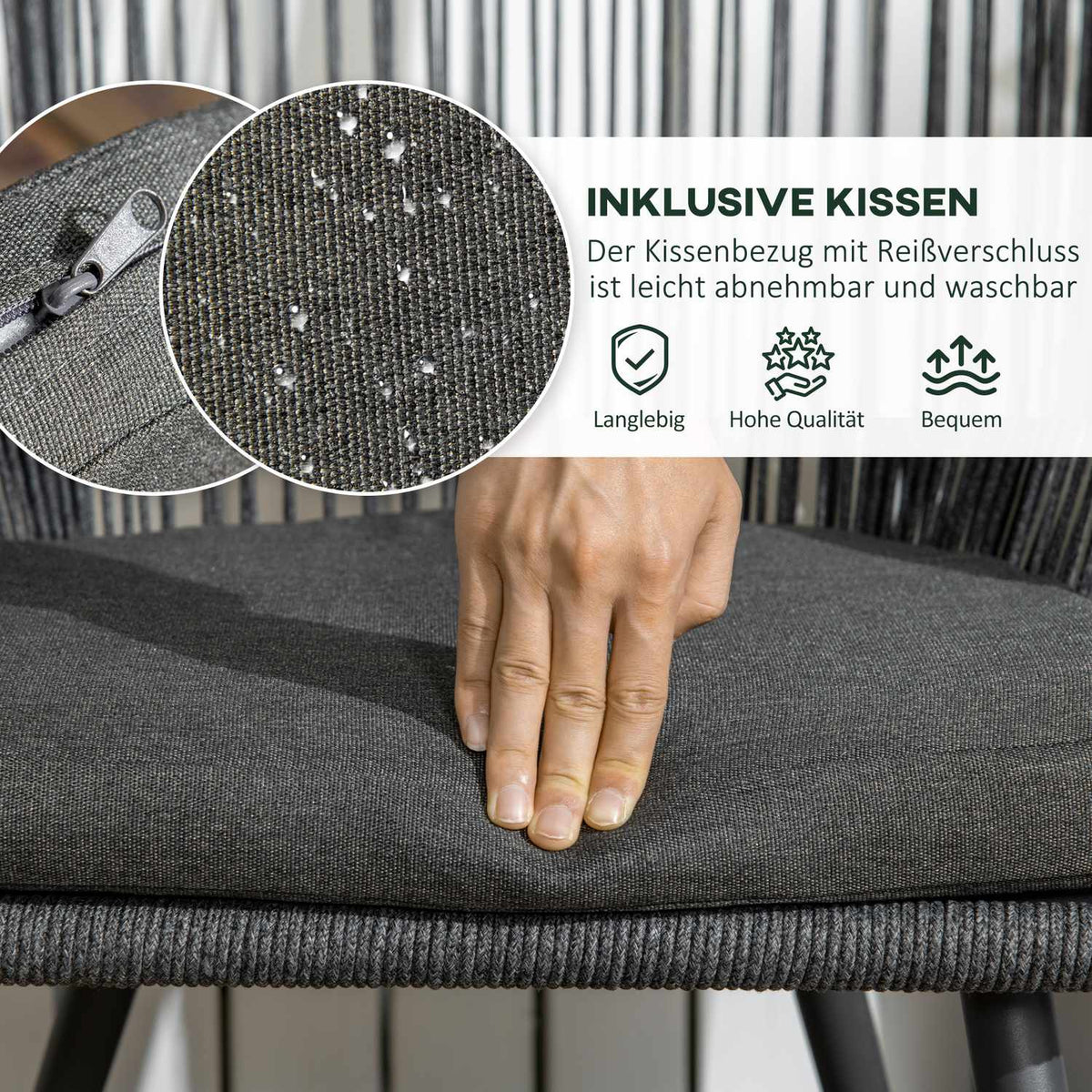 Rattan Balcony Furniture For 2 People Garden Seating Group With Cushions Adjustable Feet Aluminum Dark Gray