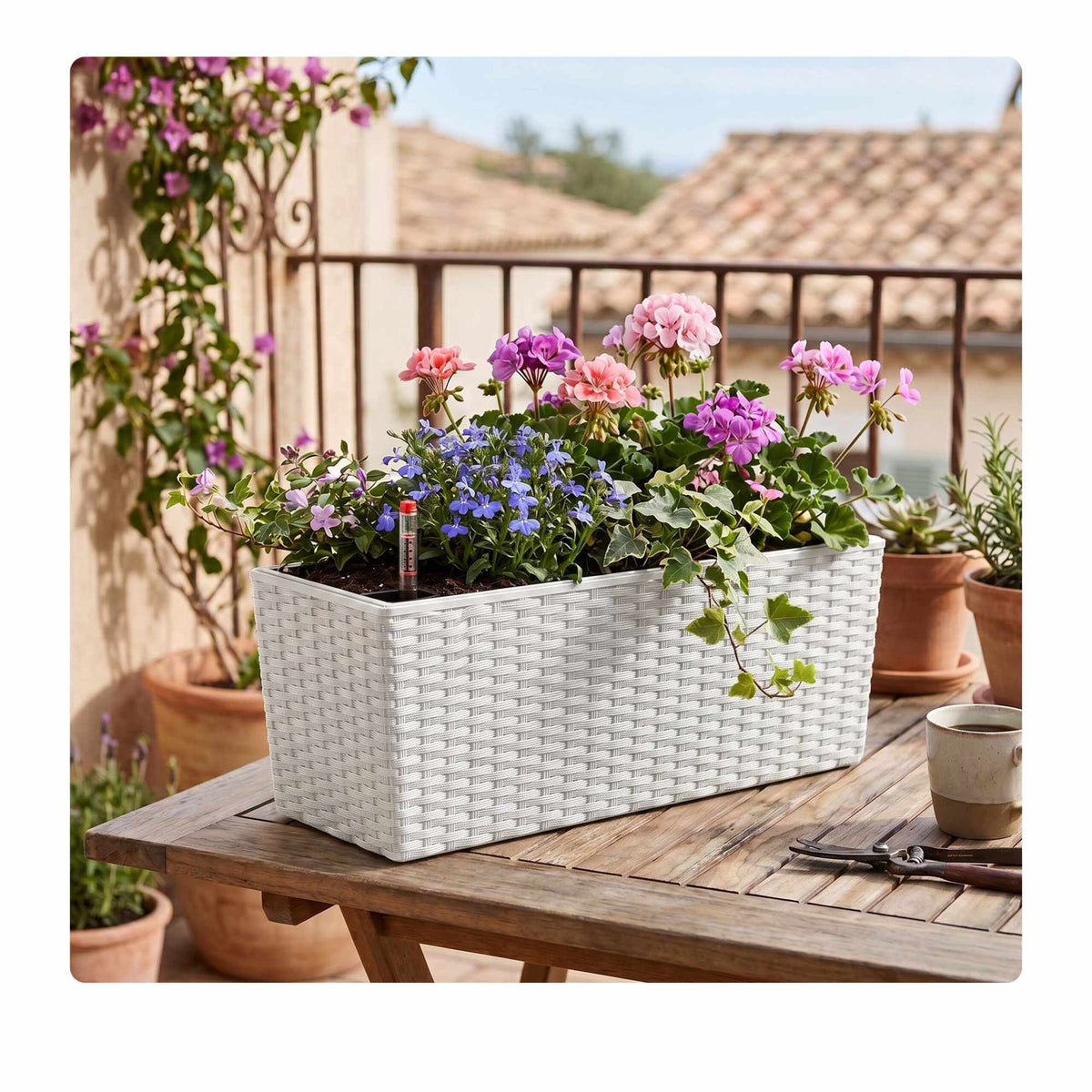 Rattan Balcony Planter with Water Level Indicator, White