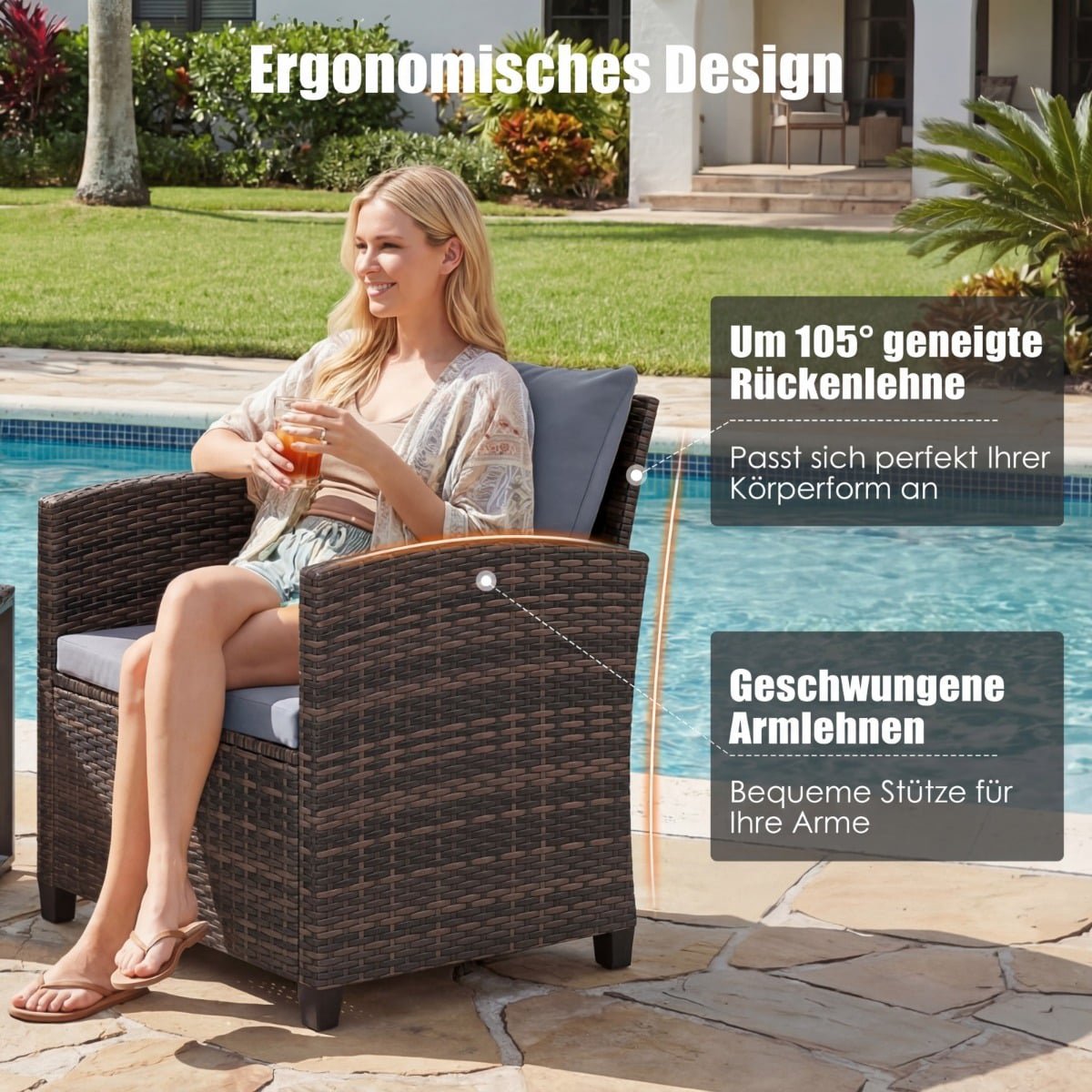 Rattan Balcony Set with Cushions & Glass Table, 3-Piece Outdoor Furniture