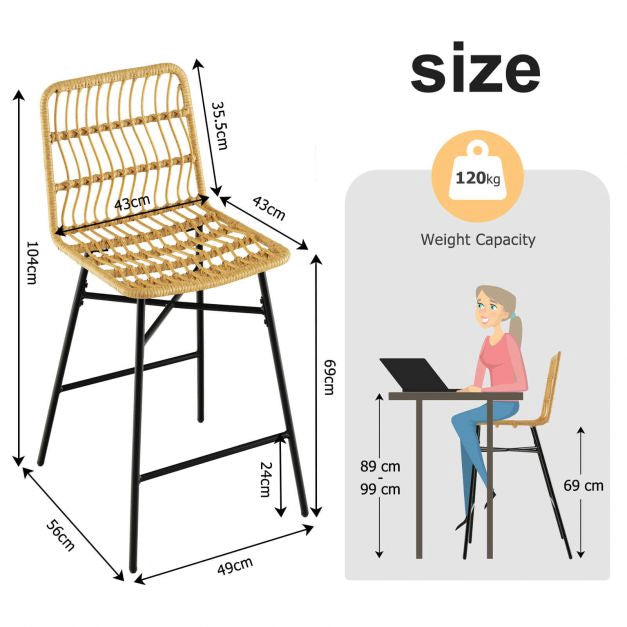 Rattan Bar Stools, Set of 2, 27-Inch Seat, Yellow