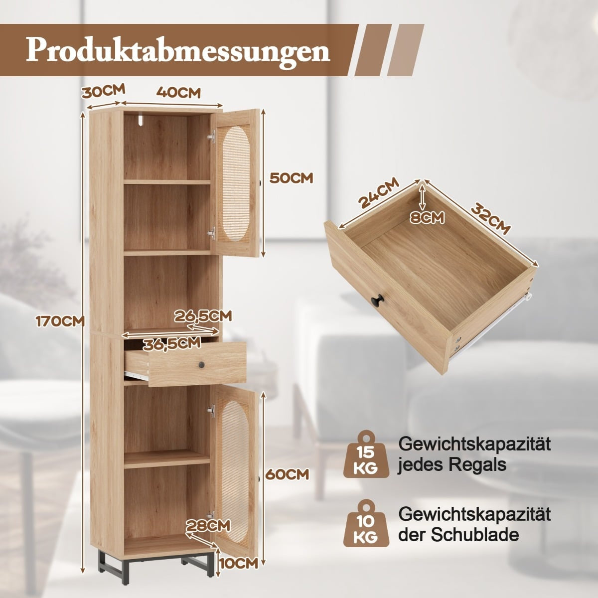 Rattan Bathroom Cabinet with Adjustable Shelves & Drawer