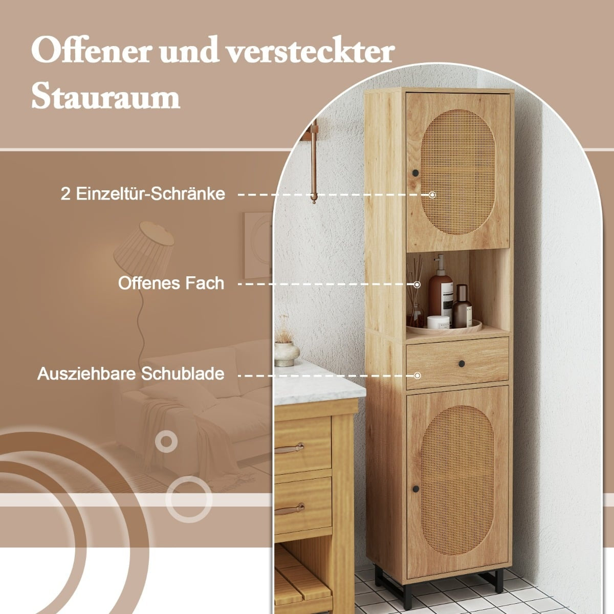 Rattan Bathroom Cabinet with Adjustable Shelves & Drawer