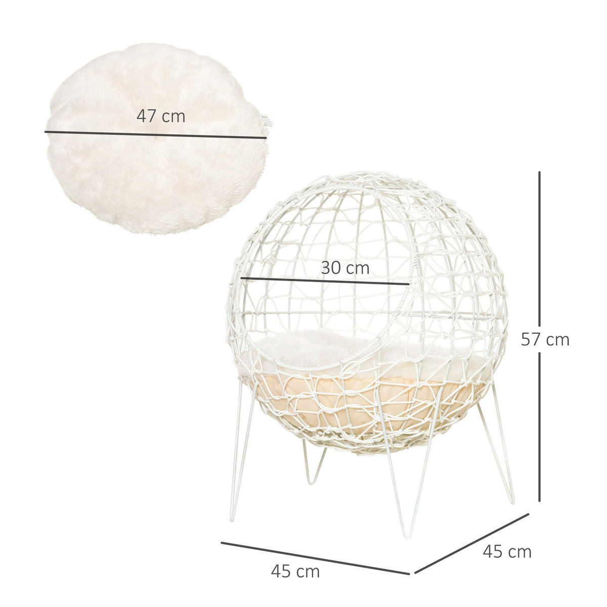 Rattan Cat Basket Cat Cave With Cushion Raised Design Pet Bed Cream White Ø45X57H Cm