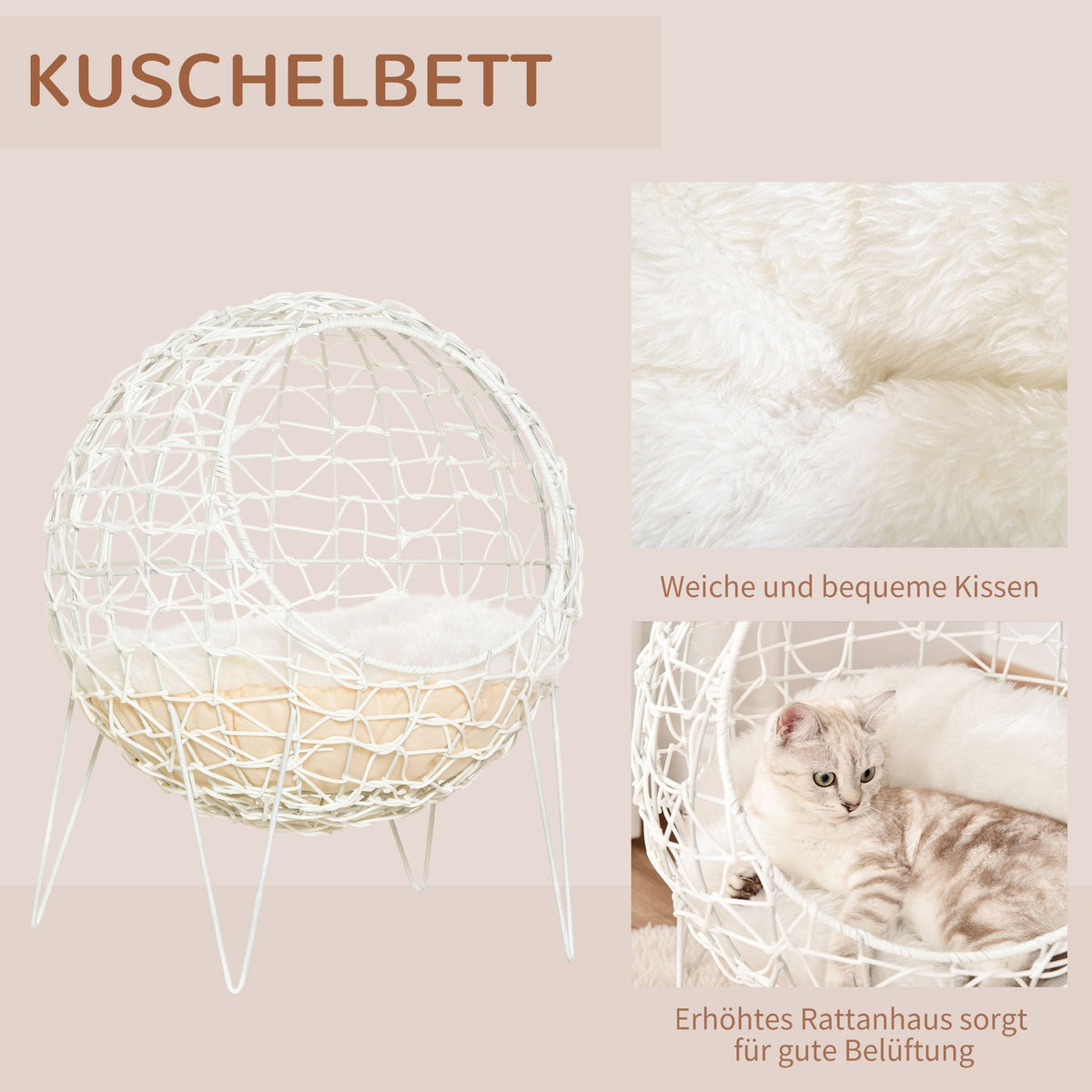 Rattan Cat Basket Cat Cave With Cushion Raised Design Pet Bed Cream White Ø45X57H Cm