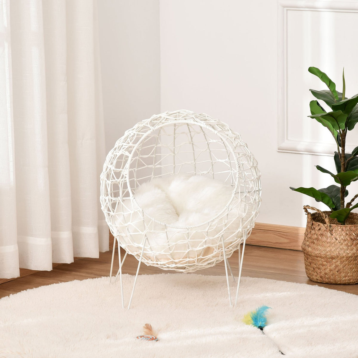 Rattan Cat Basket Cat Cave With Cushion Raised Design Pet Bed Cream White Ø45X57H Cm