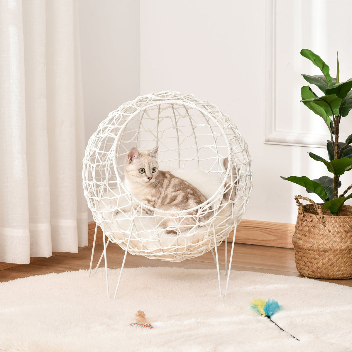 Rattan Cat Basket Cat Cave With Cushion Raised Design Pet Bed Cream White Ø45X57H Cm