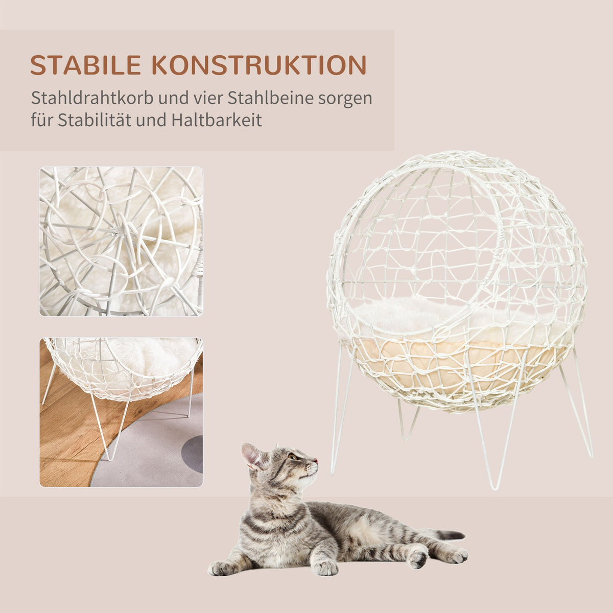 Rattan Cat Basket Cat Cave With Cushion Raised Design Pet Bed Cream White Ø45X57H Cm