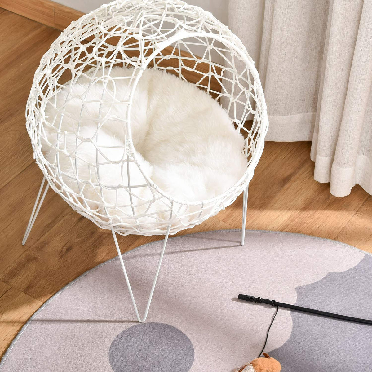 Rattan Cat Basket Cat Cave With Cushion Raised Design Pet Bed Cream White Ø45X57H Cm