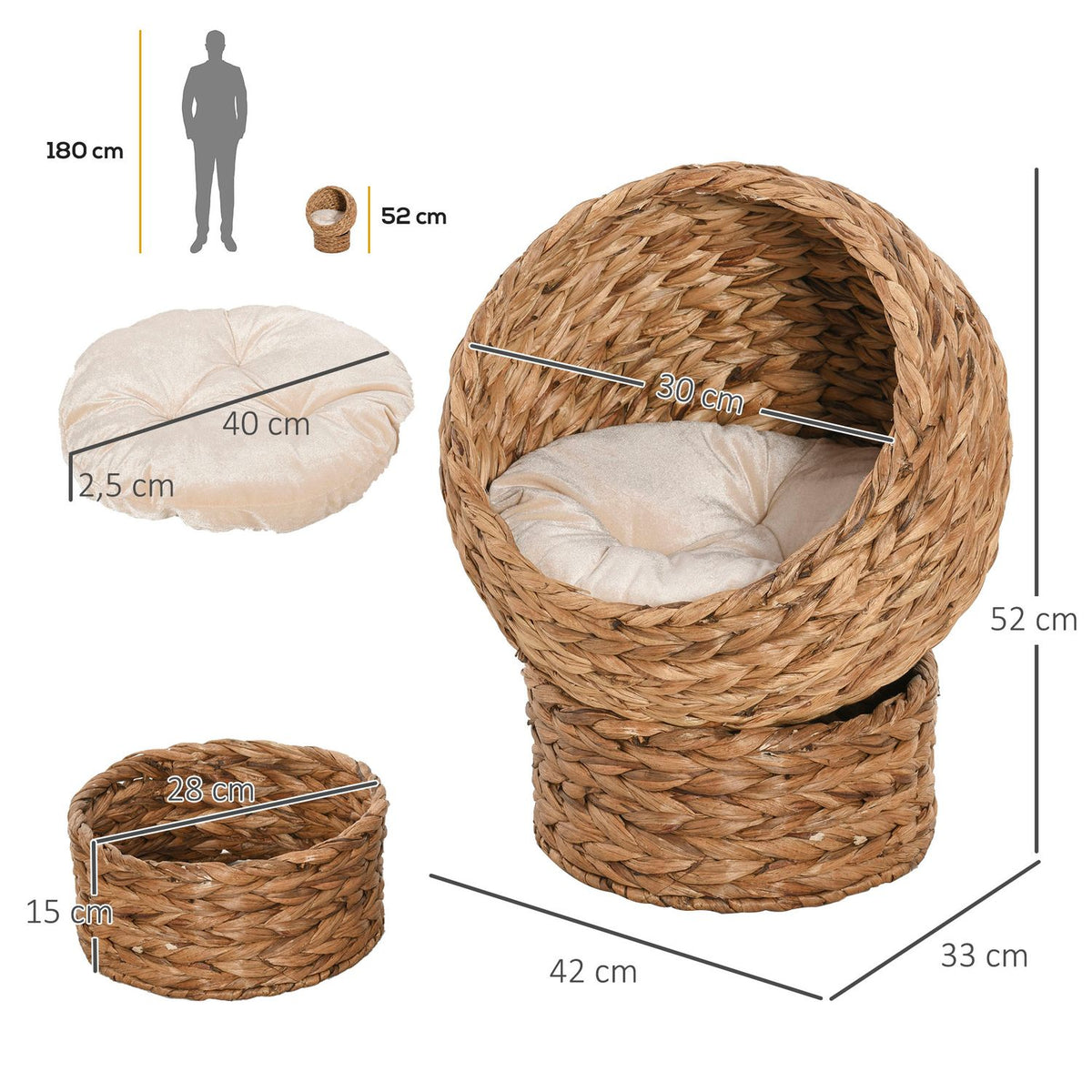 Rattan Cat Basket Comfortable Cat Bed With Cushion, Water Hyacinth Pet Bed, Light Brown, 42X33X52Cm