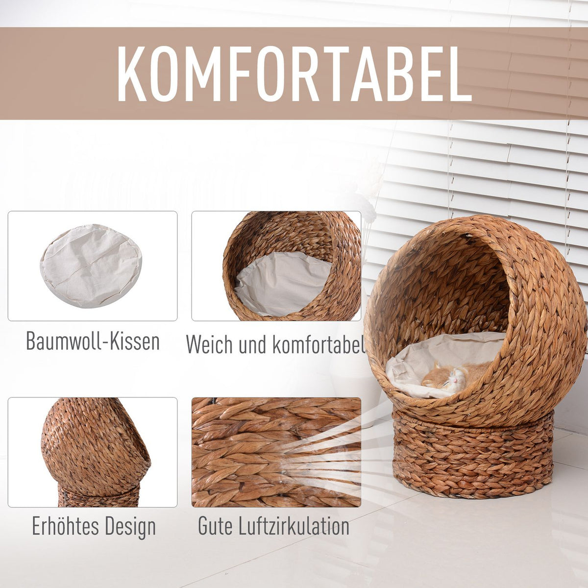 Rattan Cat Basket Comfortable Cat Bed With Cushion, Water Hyacinth Pet Bed, Light Brown, 42X33X52Cm