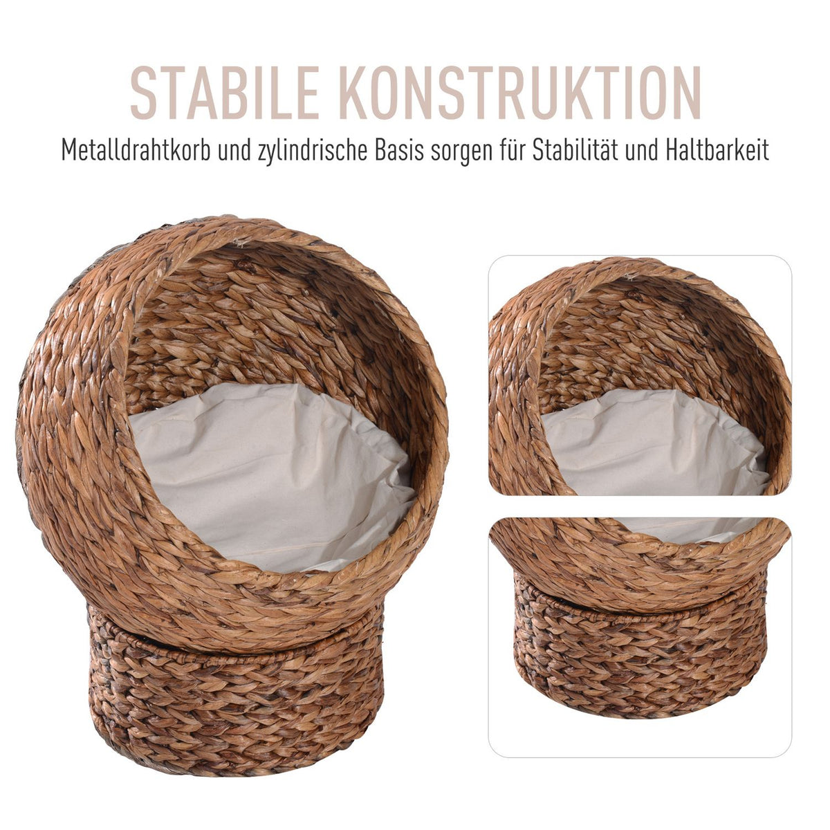 Rattan Cat Basket Comfortable Cat Bed With Cushion, Water Hyacinth Pet Bed, Light Brown, 42X33X52Cm