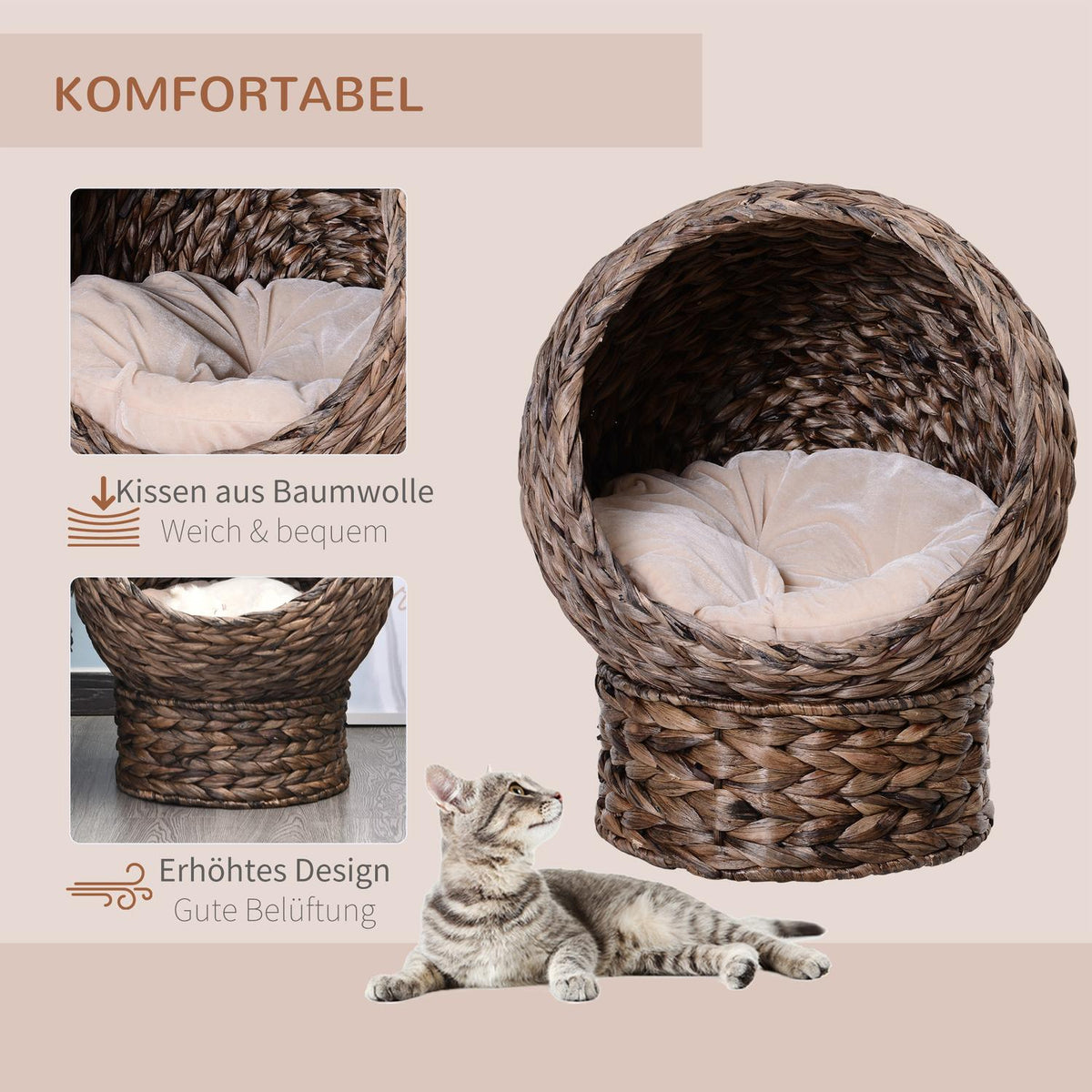 Rattan Cat Basket Cozy Cat Cave Made Of Water Hyacinth, Dark Brown, Ideal For Living Room, 50X42X60Cm