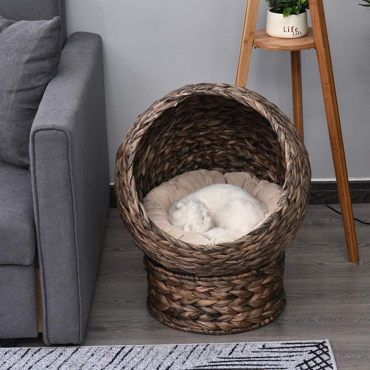 Rattan Cat Basket Cozy Cat Cave Made Of Water Hyacinth, Dark Brown, Ideal For Living Room, 50X42X60Cm