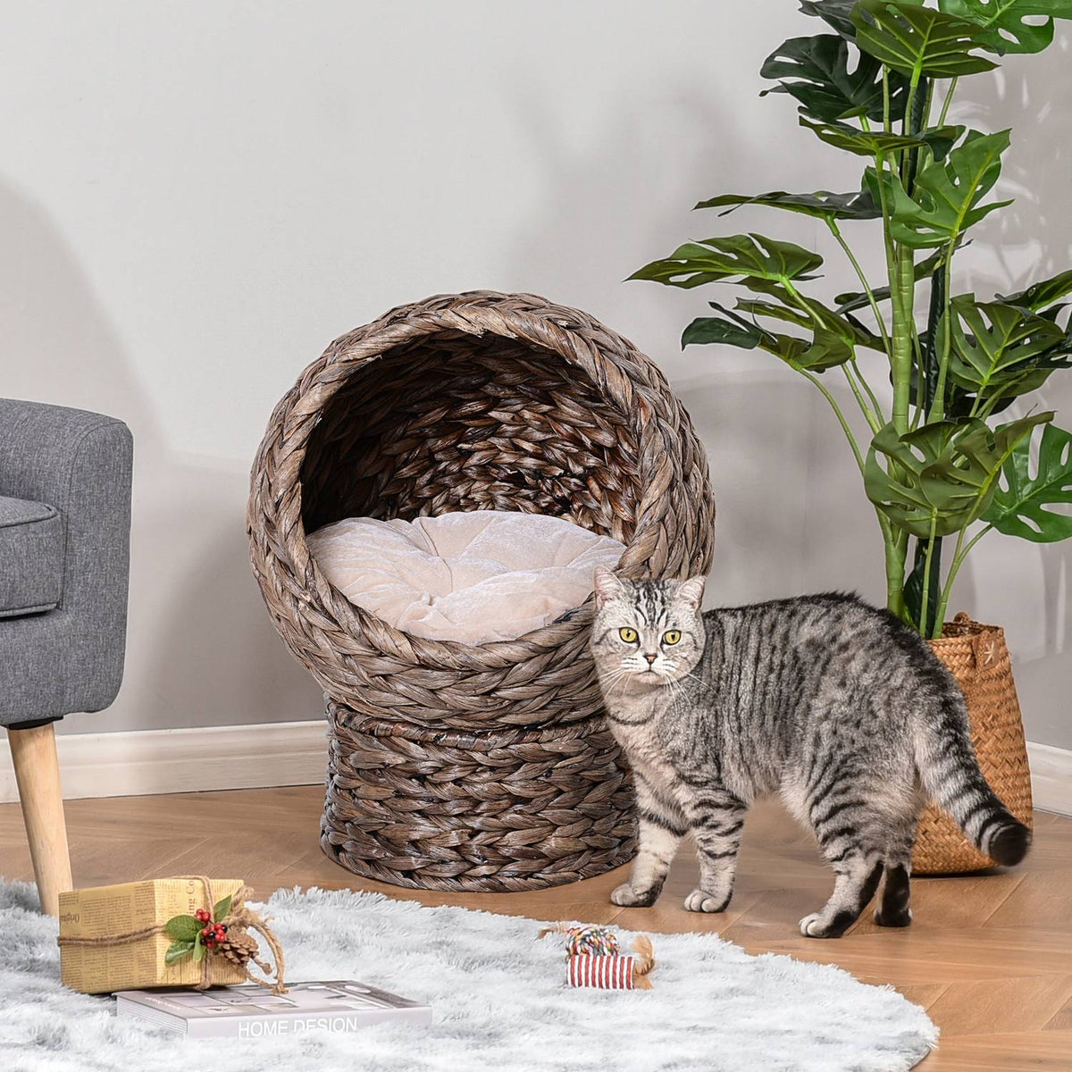 Rattan Cat Basket Cozy Cat Cave With Cushion, Pet Bed Made Of Water Hyacinth, Dark Brown, 42X33X52Cm