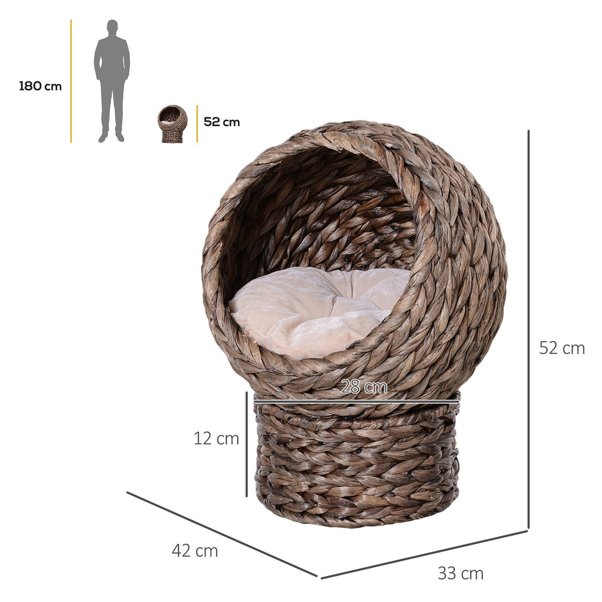Rattan Cat Basket Cozy Cat Cave With Cushion, Pet Bed Made Of Water Hyacinth, Dark Brown, 42X33X52Cm