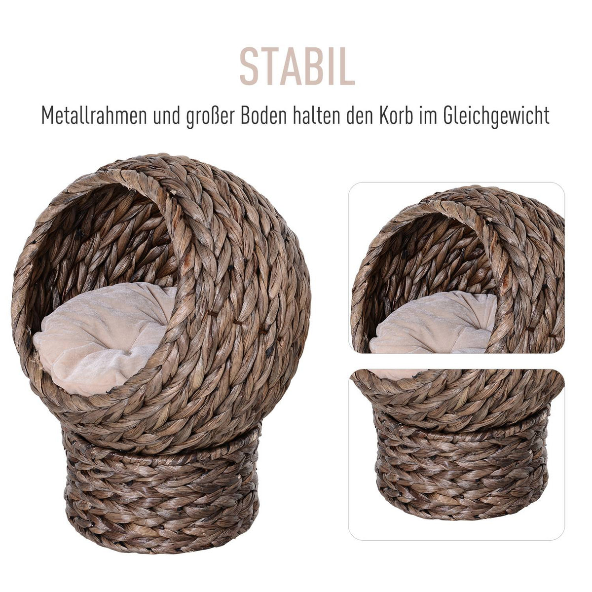Rattan Cat Basket Cozy Cat Cave With Cushion, Pet Bed Made Of Water Hyacinth, Dark Brown, 42X33X52Cm
