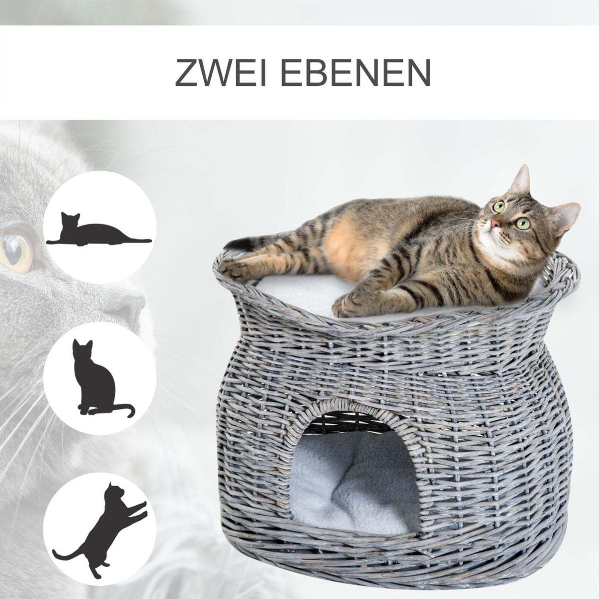Rattan Cat Basket Elegant Cat Hut With Cushion And Canopy Pet Bed Made Of Water Hyacinth Gray For Living Room