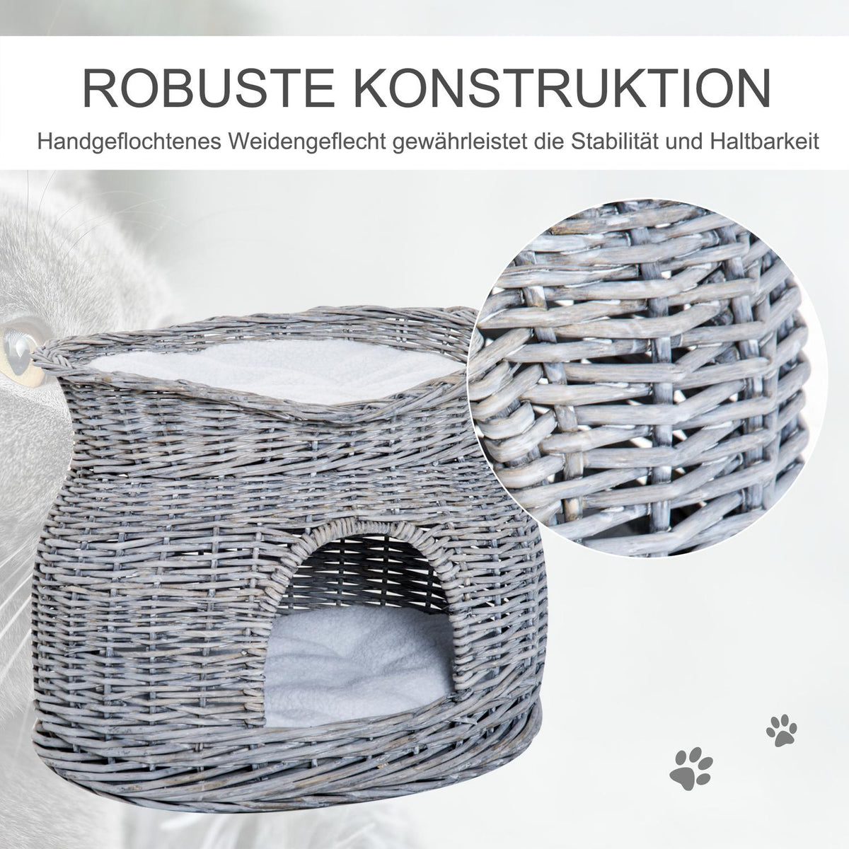 Rattan Cat Basket Elegant Cat Hut With Cushion And Canopy Pet Bed Made Of Water Hyacinth Gray For Living Room