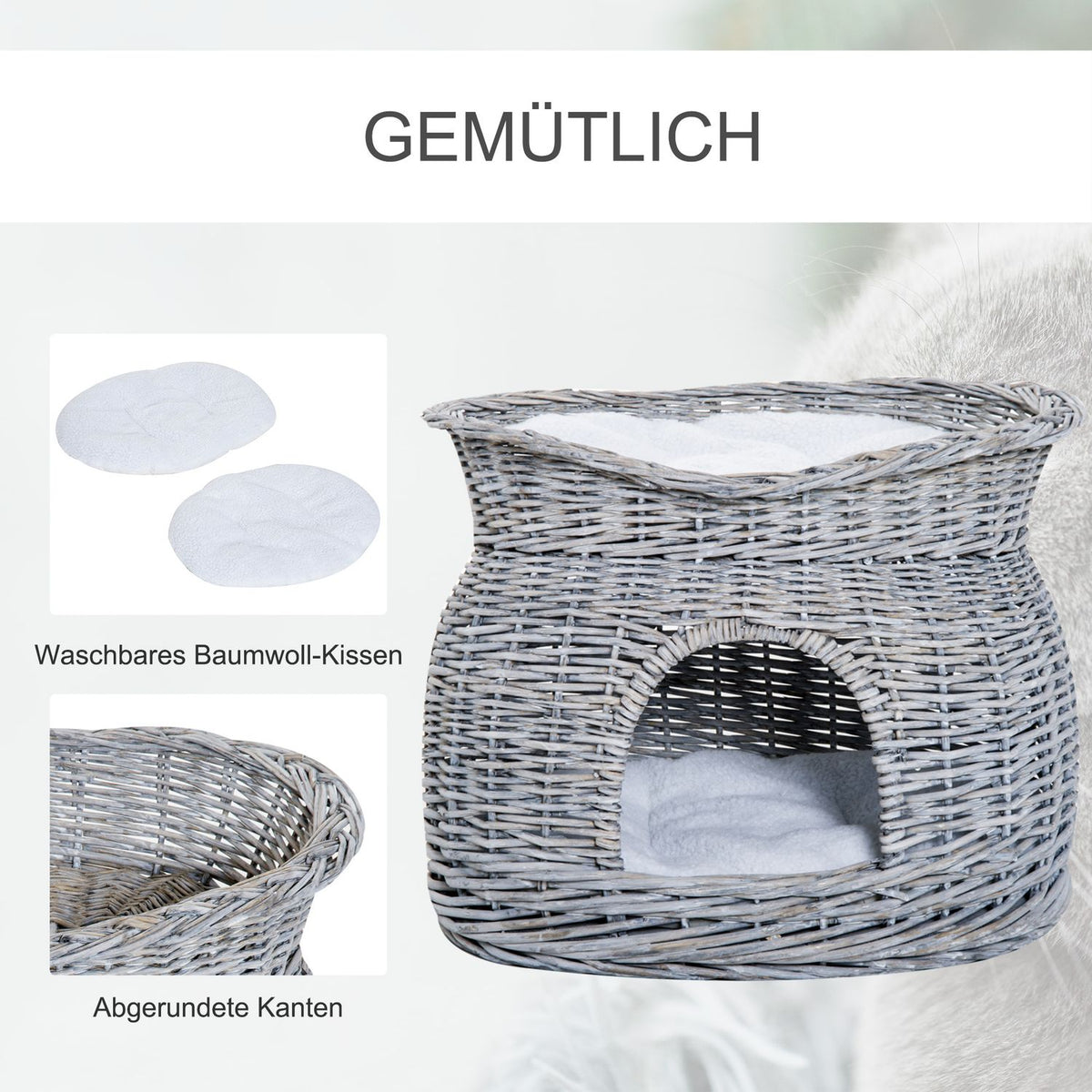 Rattan Cat Basket Elegant Cat Hut With Cushion And Canopy Pet Bed Made Of Water Hyacinth Gray For Living Room
