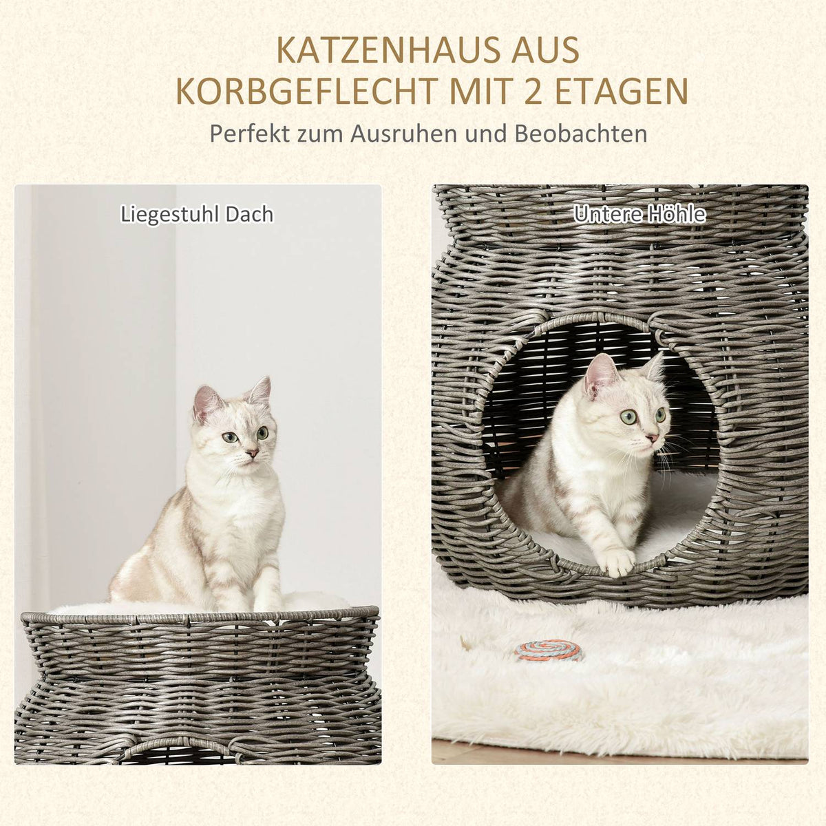 Rattan Cat Basket Two-Tier Cat Bed With 2 Cushions, Dark Gray, Ø50X43.5Cm