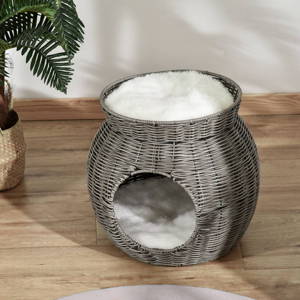 Rattan Cat Basket Two-Tier Cat Bed With 2 Cushions, Dark Gray, Ø50X43.5Cm