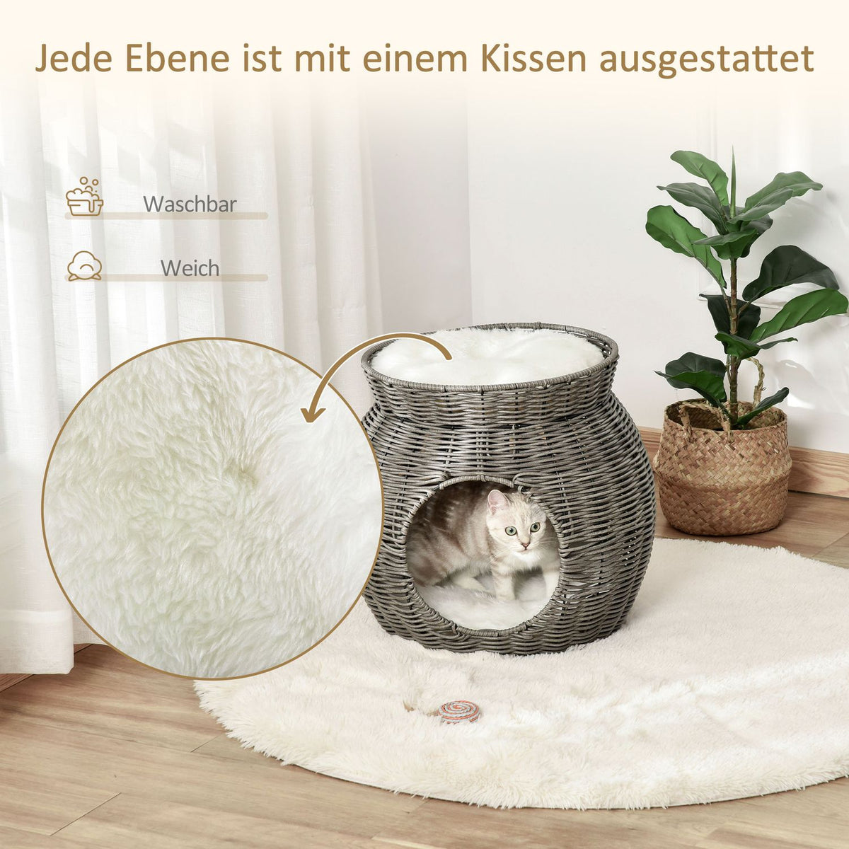 Rattan Cat Basket Two-Tier Cat Bed With 2 Cushions, Dark Gray, Ø50X43.5Cm