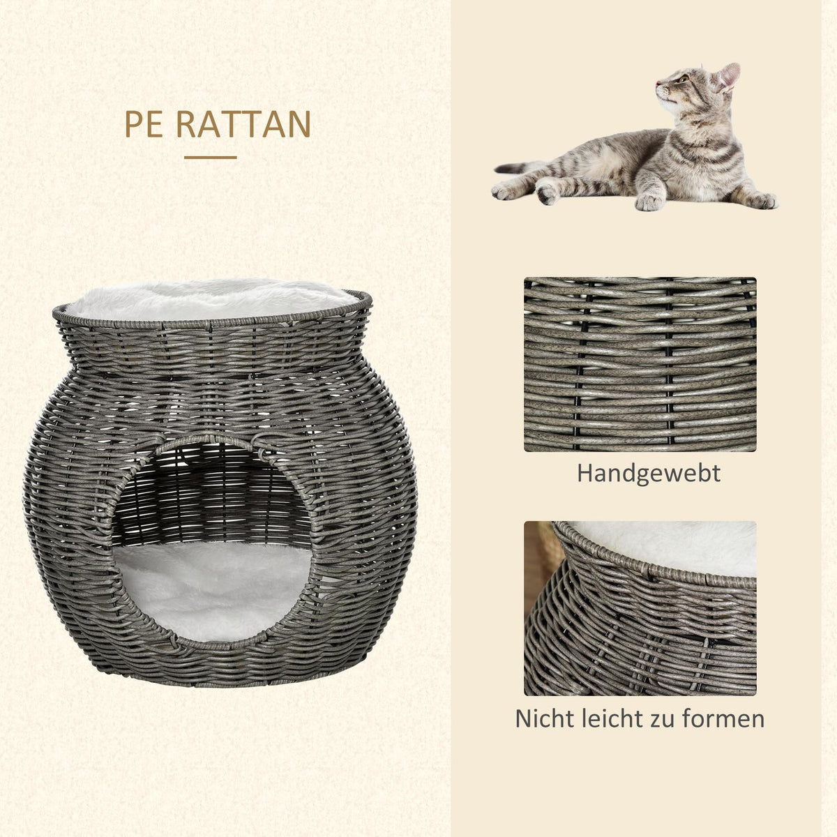Rattan Cat Basket Two-Tier Cat Bed With 2 Cushions, Dark Gray, Ø50X43.5Cm