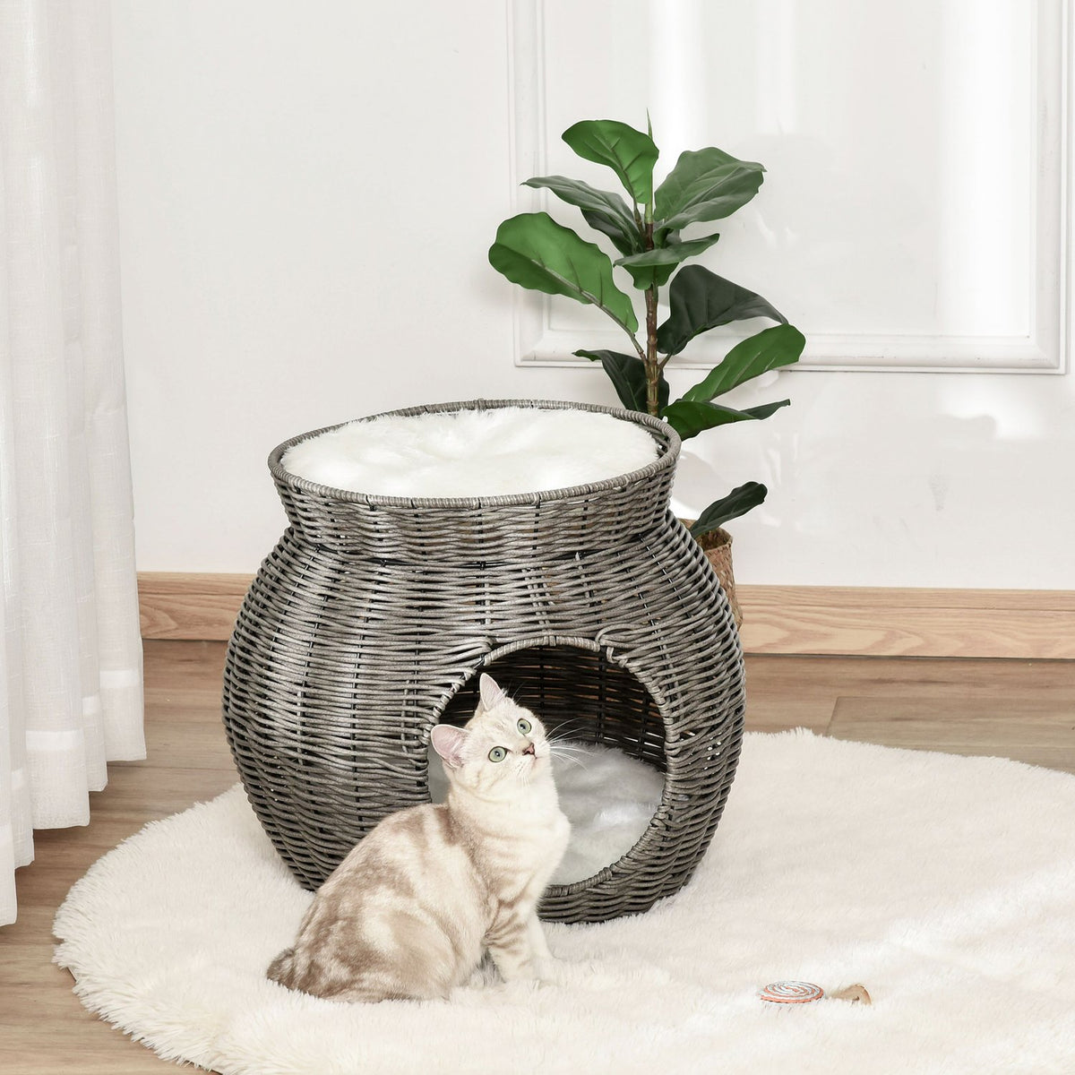 Rattan Cat Basket Two-Tier Cat Bed With 2 Cushions, Dark Gray, Ø50X43.5Cm