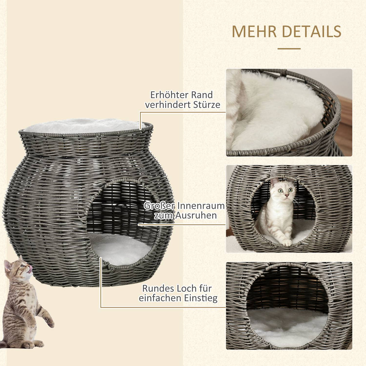 Rattan Cat Basket Two-Tier Cat Bed With 2 Cushions, Dark Gray, Ø50X43.5Cm