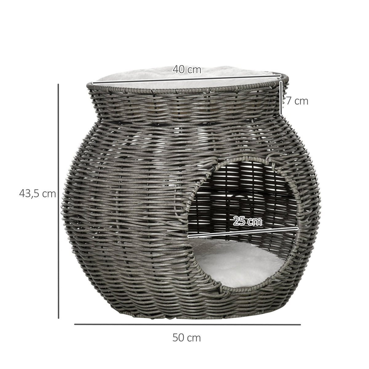 Rattan Cat Basket Two-Tier Cat Bed With 2 Cushions, Dark Gray, Ø50X43.5Cm