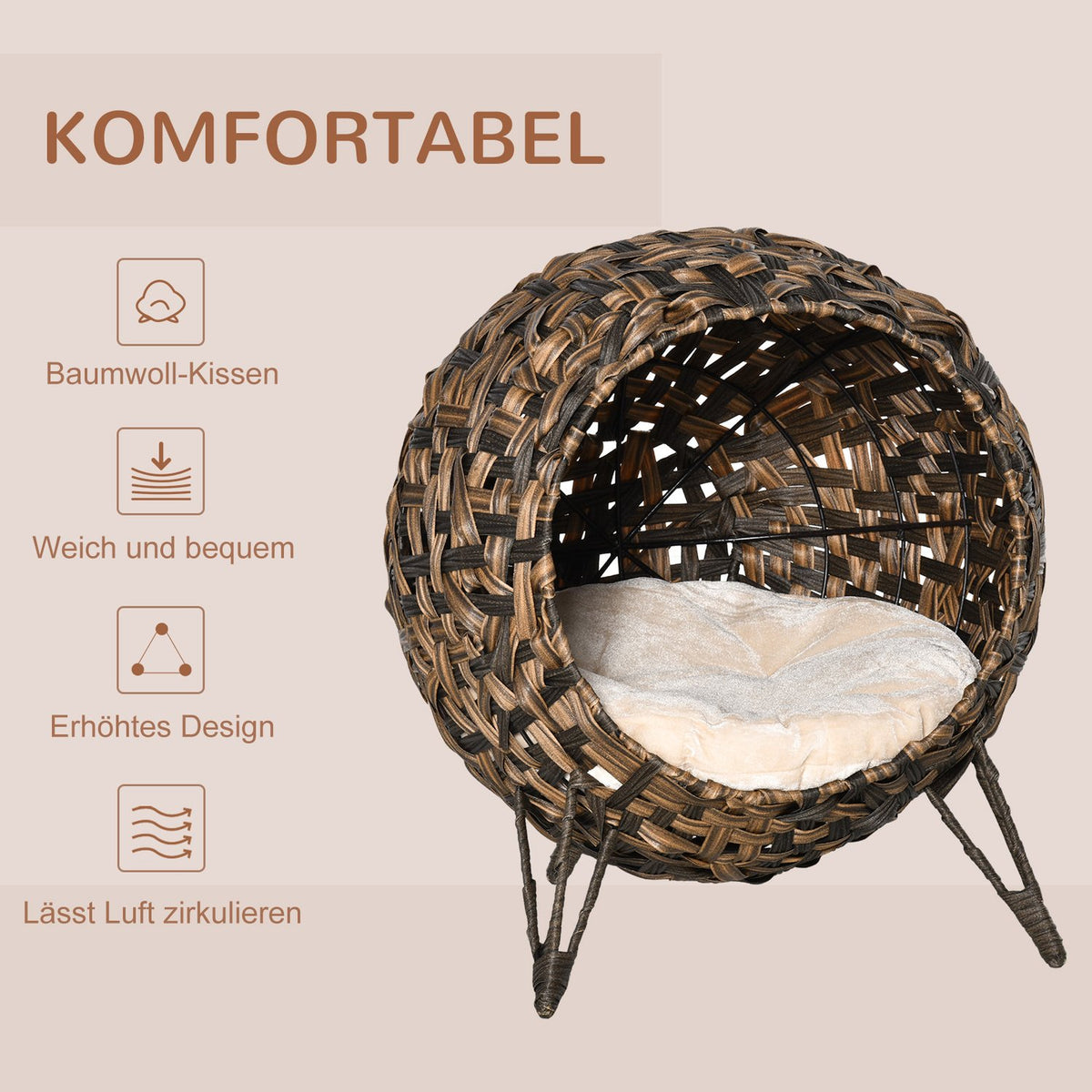 Rattan Cat Bed Cushion Raised Feet Cat Sleeping Place Brown Ø52X58Cm