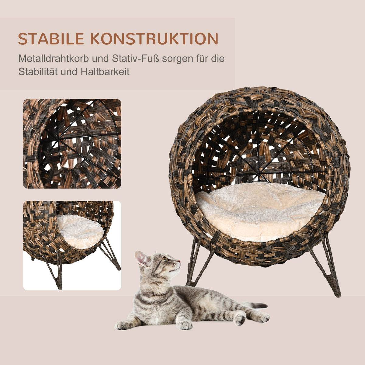 Rattan Cat Bed Cushion Raised Feet Cat Sleeping Place Brown Ø52X58Cm