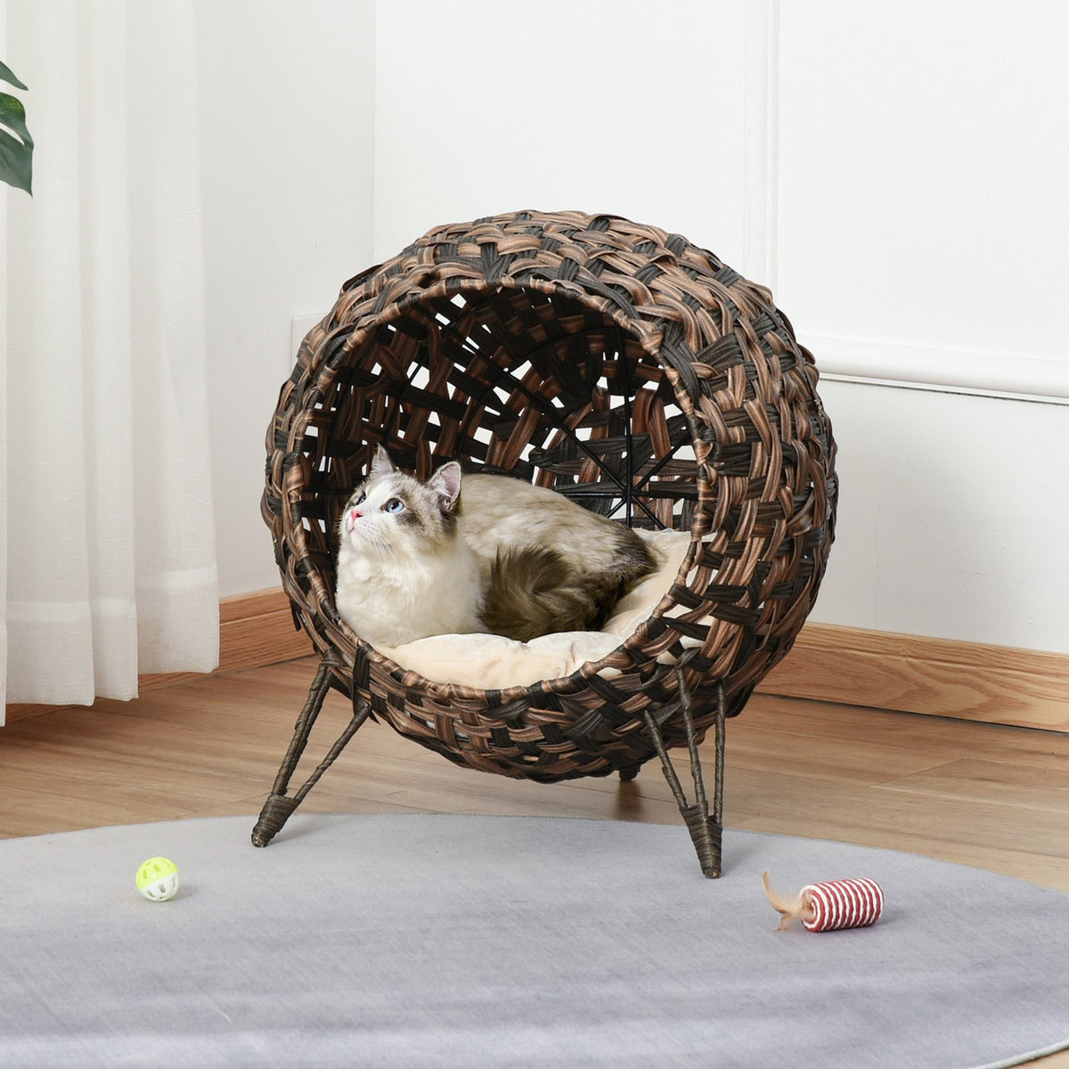 Rattan Cat Bed Cushion Raised Feet Cat Sleeping Place Brown Ø52X58Cm