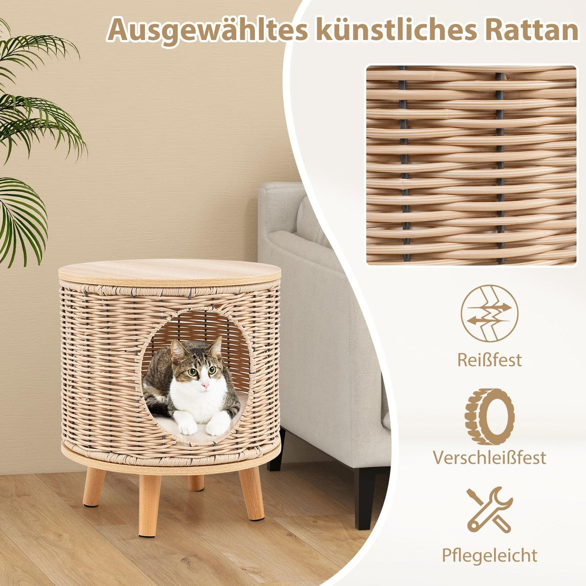 Rattan Cat Bed with Wood Legs & Removable Cushion