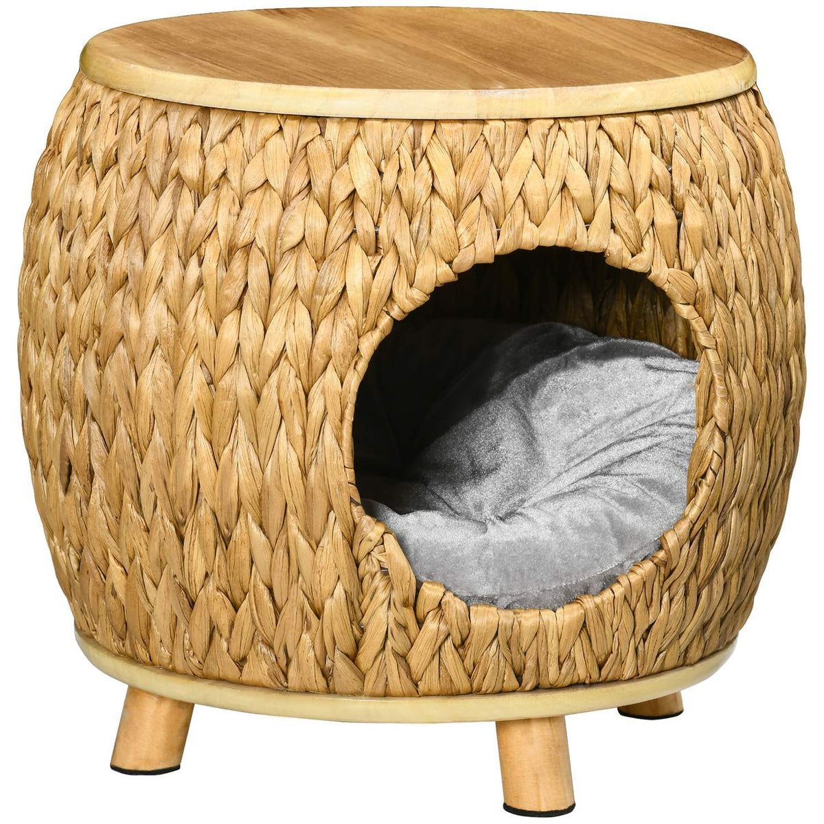 Rattan Cat Cave 2-In-1 Design Cat Basket With Cushion Pet Bed Water Hyacinth Grass Paulownia Wood Light Brown + Gray 44 X 43 X 42 Cm