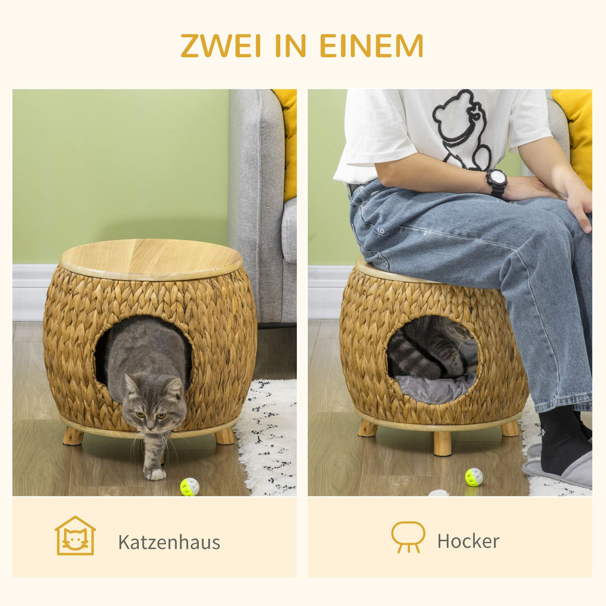 Rattan Cat Cave 2-In-1 Design Cat Basket With Cushion Pet Bed Water Hyacinth Grass Paulownia Wood Light Brown + Gray 44 X 43 X 42 Cm