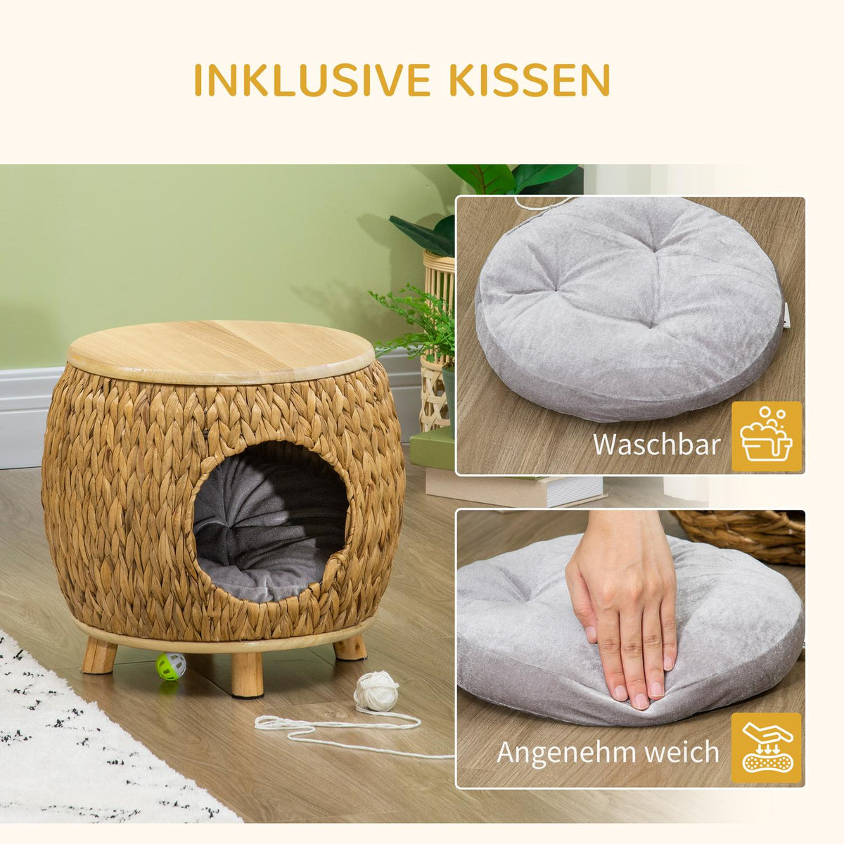 Rattan Cat Cave 2-In-1 Design Cat Basket With Cushion Pet Bed Water Hyacinth Grass Paulownia Wood Light Brown + Gray 44 X 43 X 42 Cm