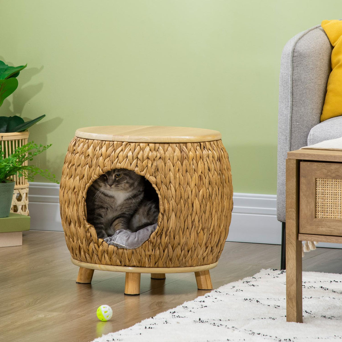Rattan Cat Cave 2-In-1 Design Cat Basket With Cushion Pet Bed Water Hyacinth Grass Paulownia Wood Light Brown + Gray 44 X 43 X 42 Cm