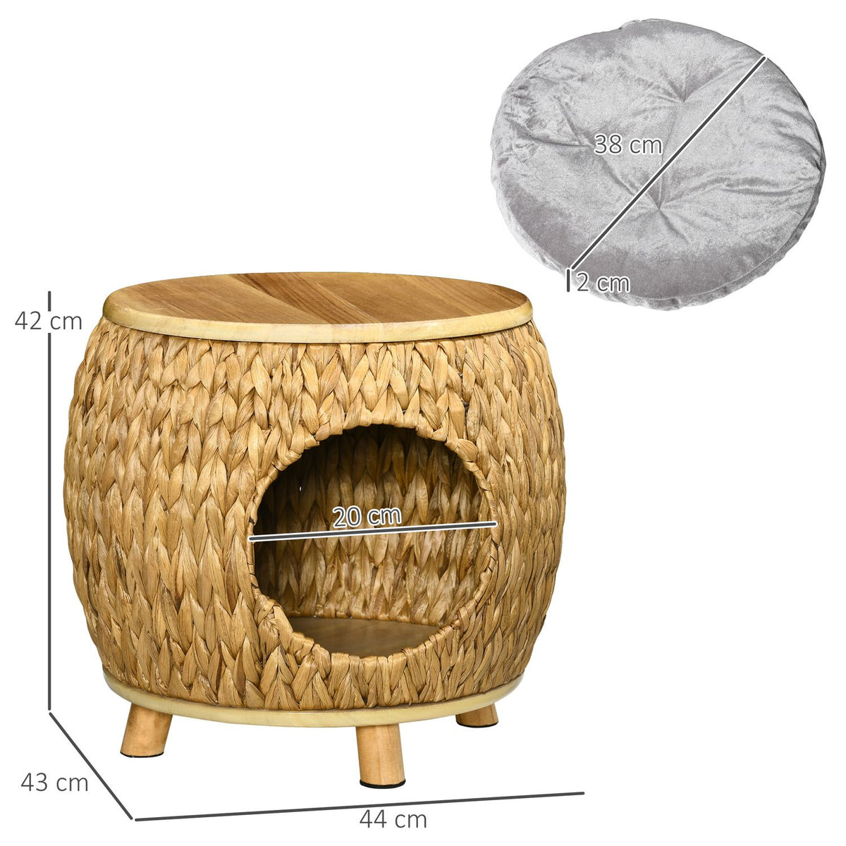 Rattan Cat Cave 2-In-1 Design Cat Basket With Cushion Pet Bed Water Hyacinth Grass Paulownia Wood Light Brown + Gray 44 X 43 X 42 Cm