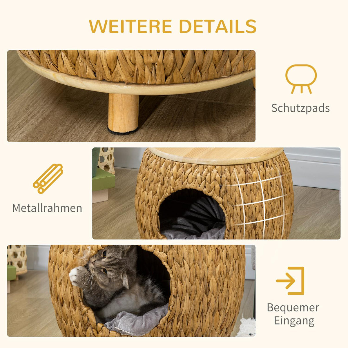 Rattan Cat Cave 2-In-1 Design Cat Basket With Cushion Pet Bed Water Hyacinth Grass Paulownia Wood Light Brown + Gray 44 X 43 X 42 Cm