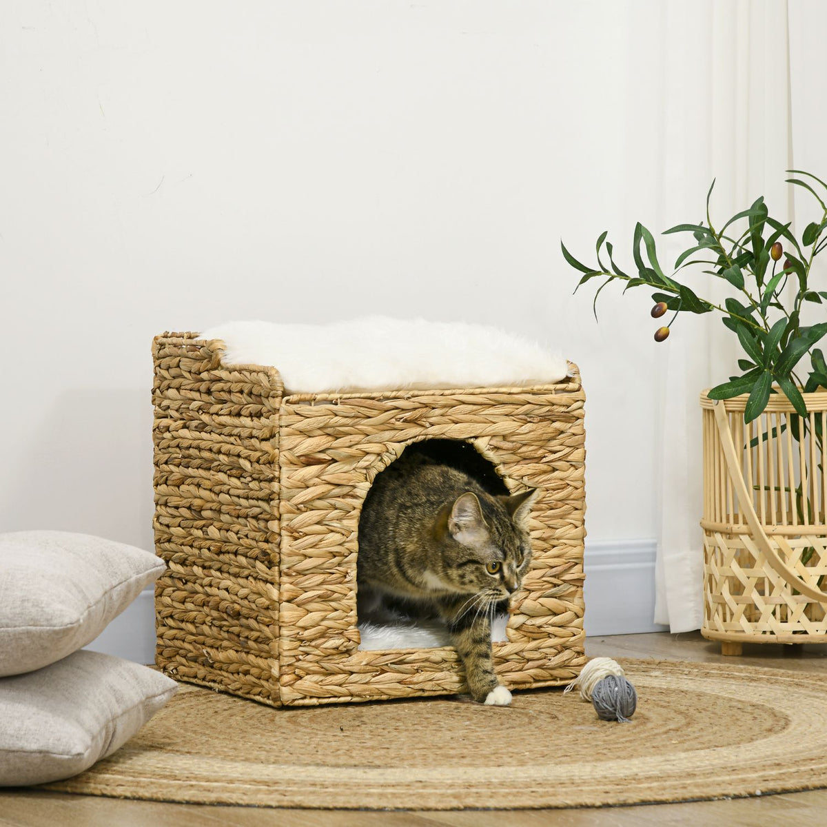 Rattan Cat Cave 2-Level Cushion Water Hyacinth Brown Up To 5Kg