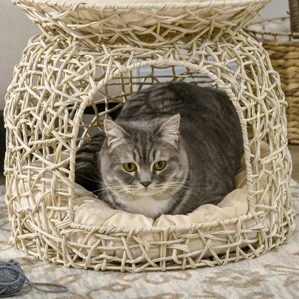 Rattan Cat Cave 2 Tier Cat House With Cushions, Cat Basket For Living Room, Bedroom, Beige, 42X42X40Cm
