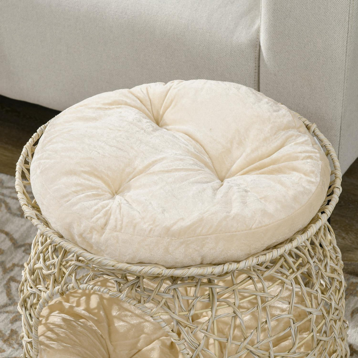 Rattan Cat Cave 2 Tier Cat House With Cushions, Cat Basket For Living Room, Bedroom, Beige, 42X42X40Cm