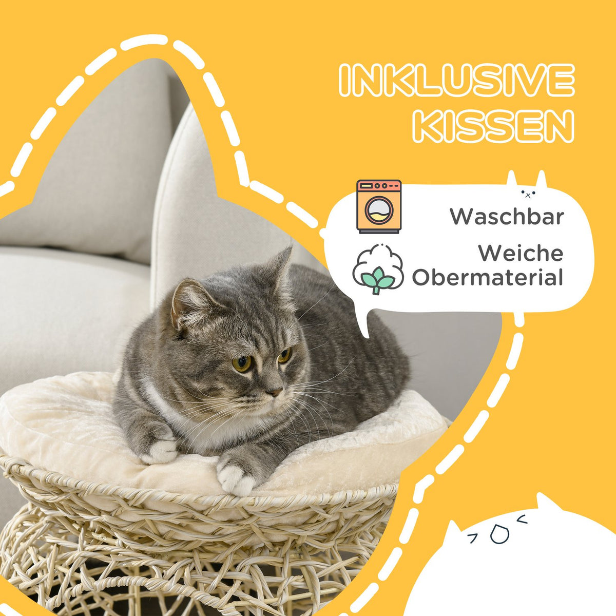 Rattan Cat Cave 2 Tier Cat House With Cushions, Cat Basket For Living Room, Bedroom, Beige, 42X42X40Cm