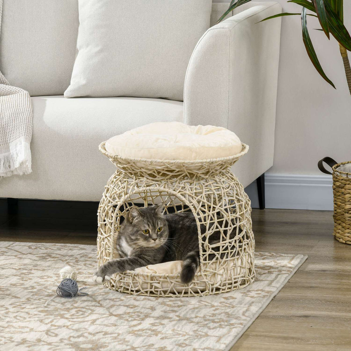 Rattan Cat Cave 2 Tier Cat House With Cushions, Cat Basket For Living Room, Bedroom, Beige, 42X42X40Cm