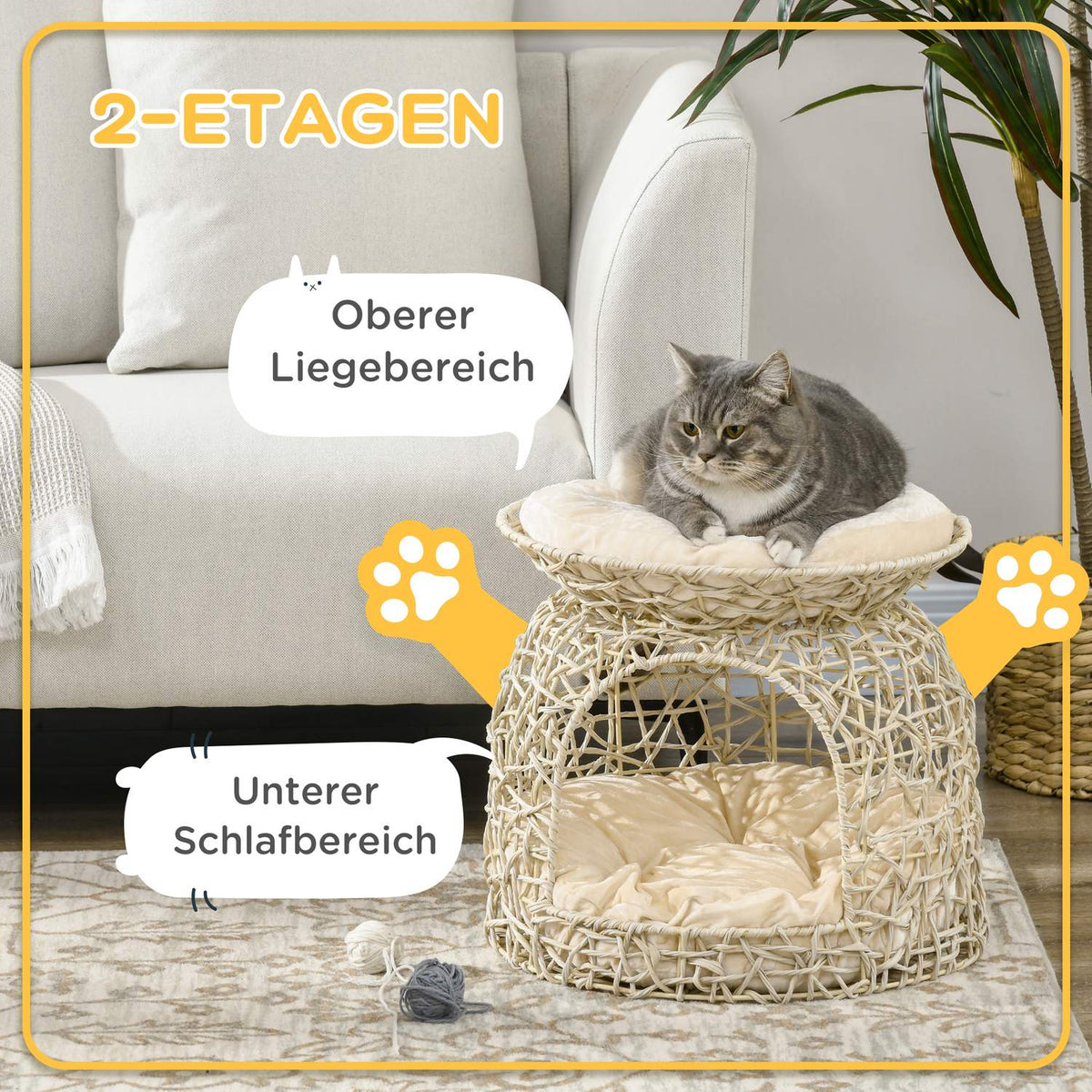 Rattan Cat Cave 2 Tier Cat House With Cushions, Cat Basket For Living Room, Bedroom, Beige, 42X42X40Cm