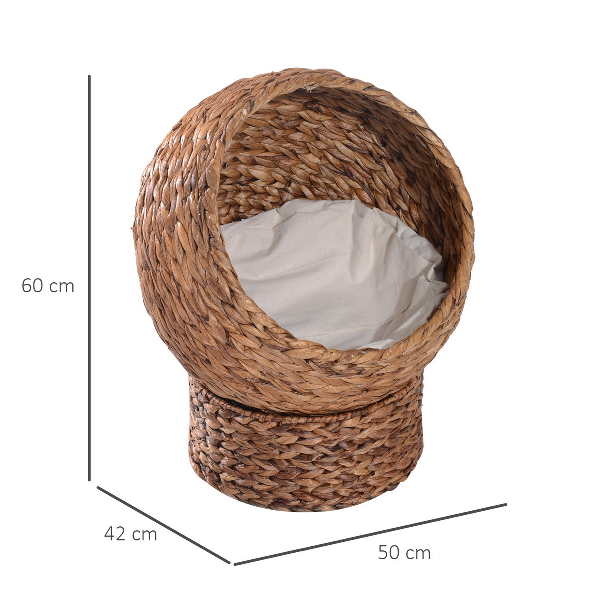 Rattan Cat Cave Cat Bed With Cushion, Water Hyacinth Pet Bed, Light Brown, 50X42X60Cm