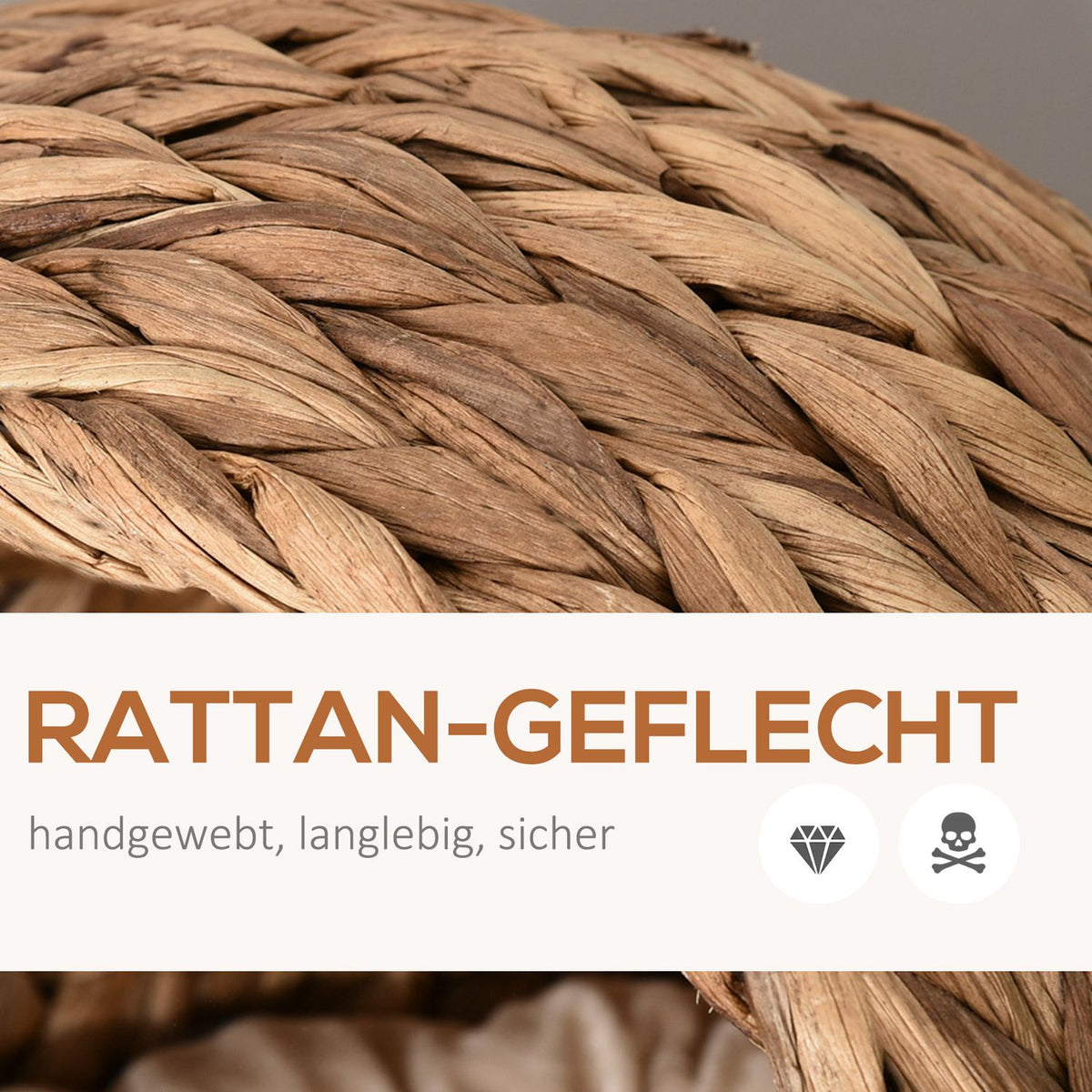 Rattan Cat Cave Cat Bed With Cushion, Water Hyacinth Pet Bed, Light Brown, 50X42X60Cm