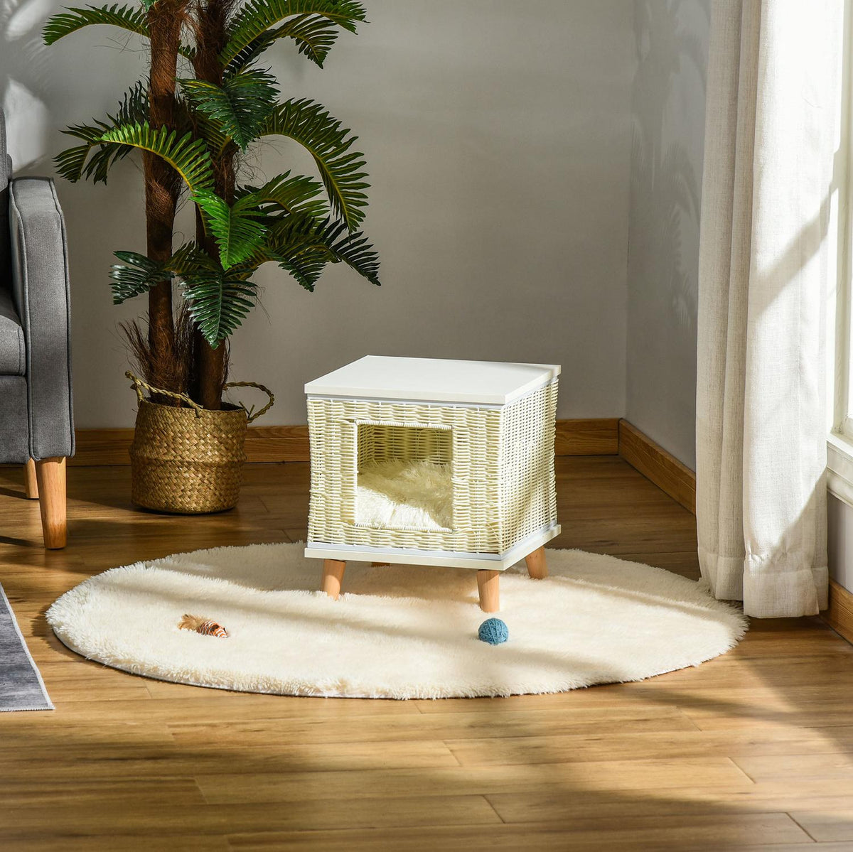 Rattan Cat Cave Natural Cat Sleeping Place With Cushion, Rattan Cat Basket, Beige+White+Natural